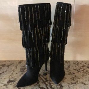 Black Suede Boots w/ Suede & Rhinestone Fringe